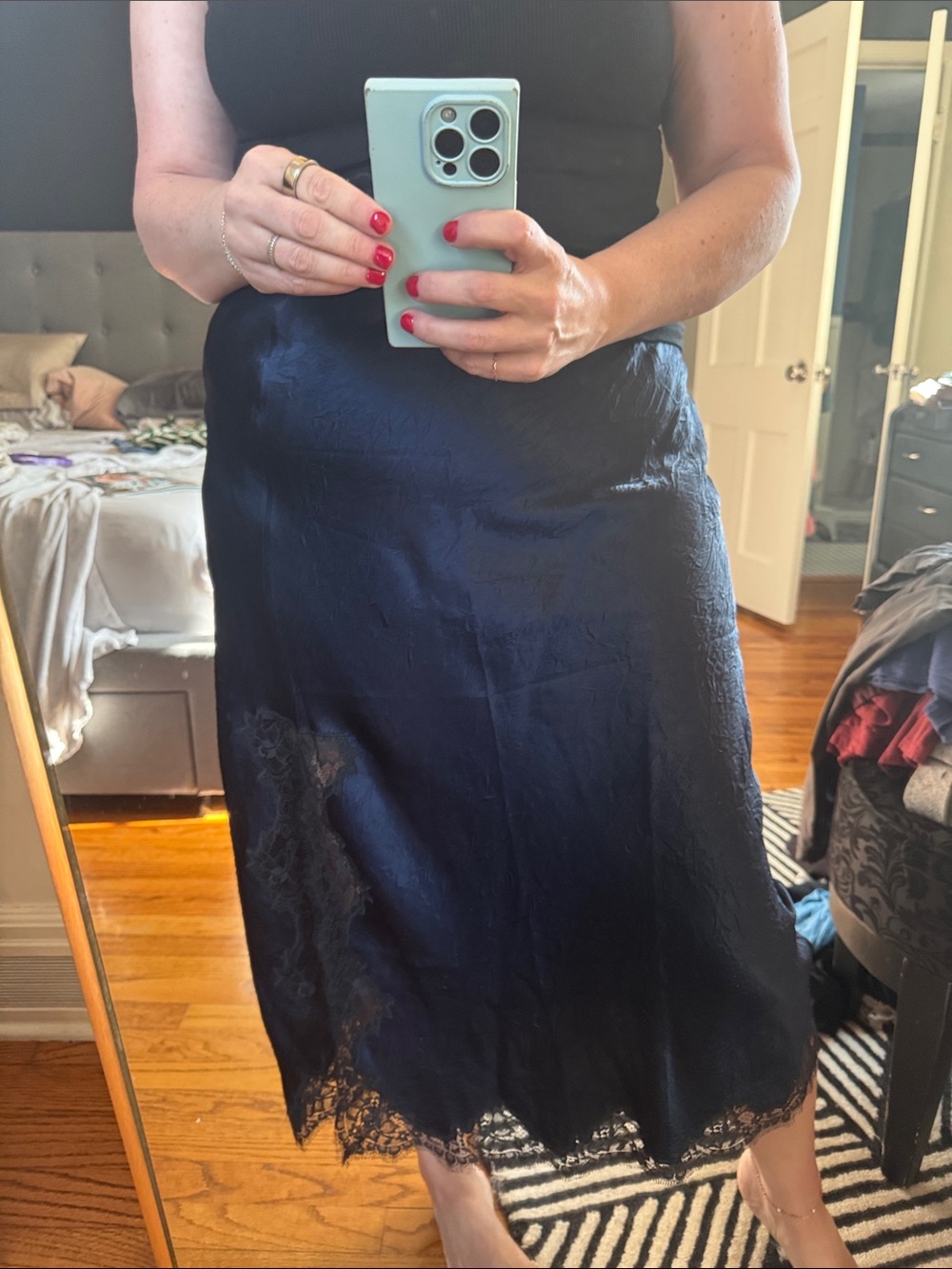J. Crew Navy Satin Lace-Trim Midi Skirt, Size XL
